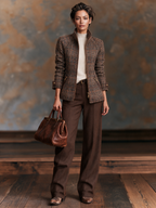 Womens brown plaid winter jacket with high stand collar and zip front - view 6