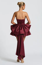 Light pink strapless satin mini dress with draped neckline, flared skirt and oversized back bow - view 10