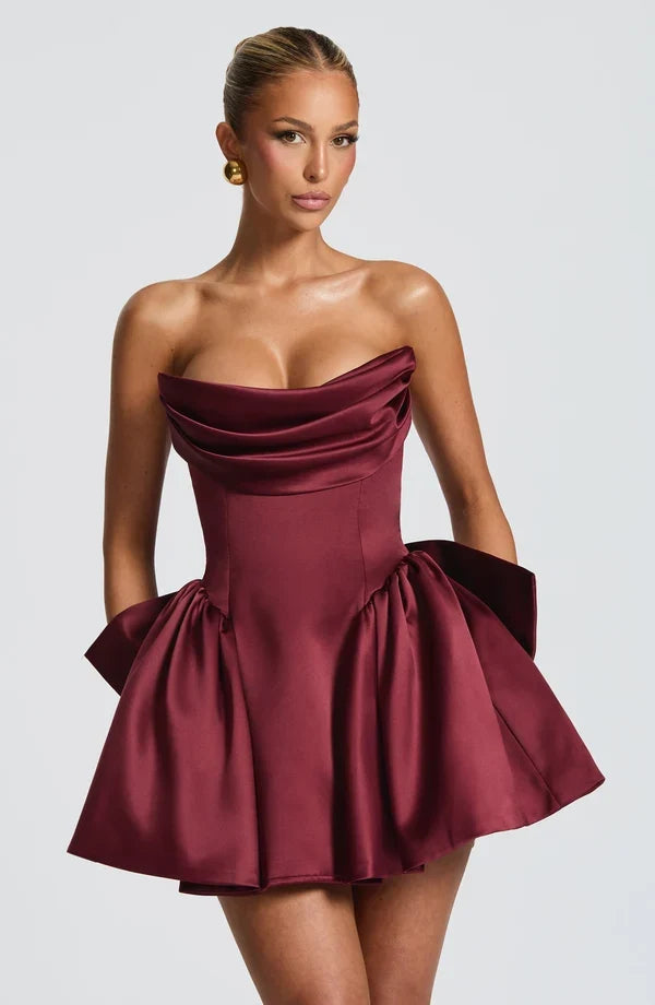 Light pink strapless satin mini dress with draped neckline, flared skirt and oversized back bow - view 13