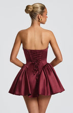 Light pink strapless satin mini dress with draped neckline, flared skirt and oversized back bow - view 14