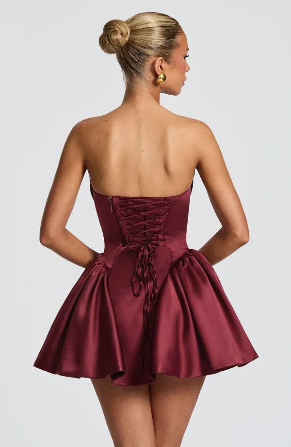 Light pink strapless satin mini dress with draped neckline, flared skirt and oversized back bow - view 14