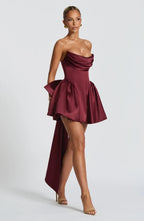 Light pink strapless satin mini dress with draped neckline, flared skirt and oversized back bow - view 15