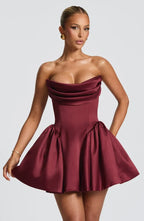 Light pink strapless satin mini dress with draped neckline, flared skirt and oversized back bow - view 16