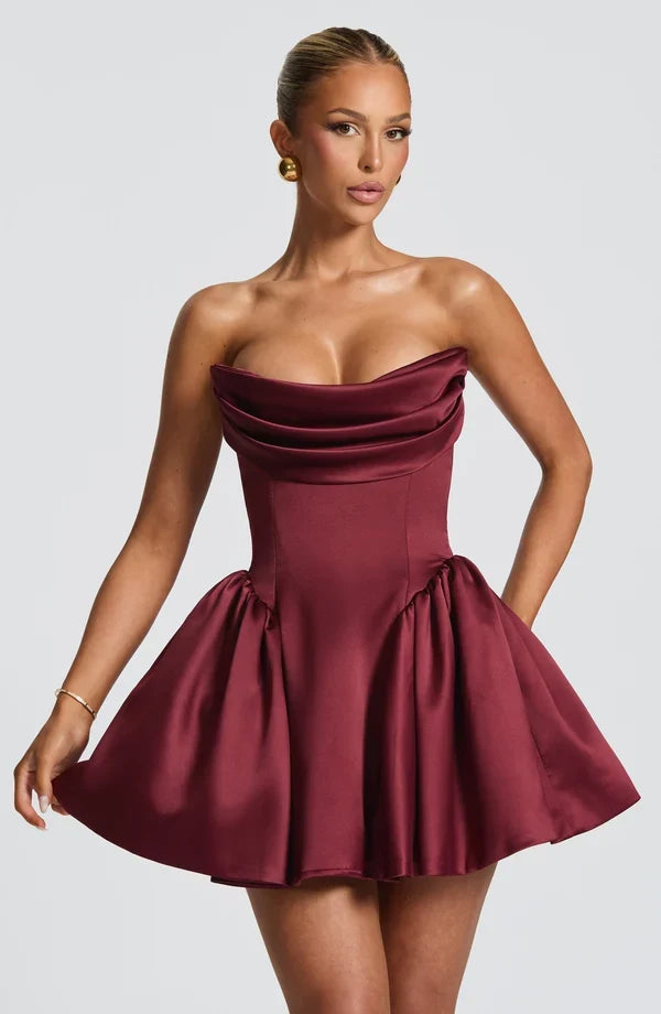 Light pink strapless satin mini dress with draped neckline, flared skirt and oversized back bow - view 16