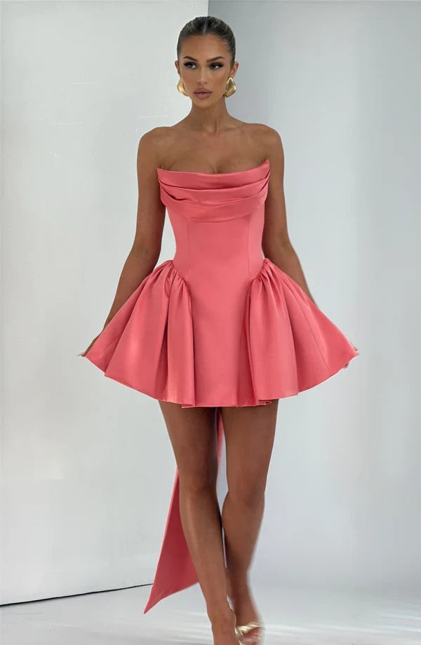 Light pink strapless satin mini dress with draped neckline, flared skirt and oversized back bow - view 17