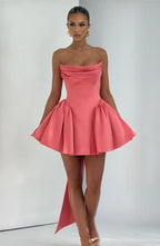 Light pink strapless satin mini dress with draped neckline, flared skirt and oversized back bow - view 17