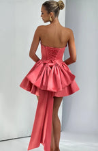 Light pink strapless satin mini dress with draped neckline, flared skirt and oversized back bow - view 18
