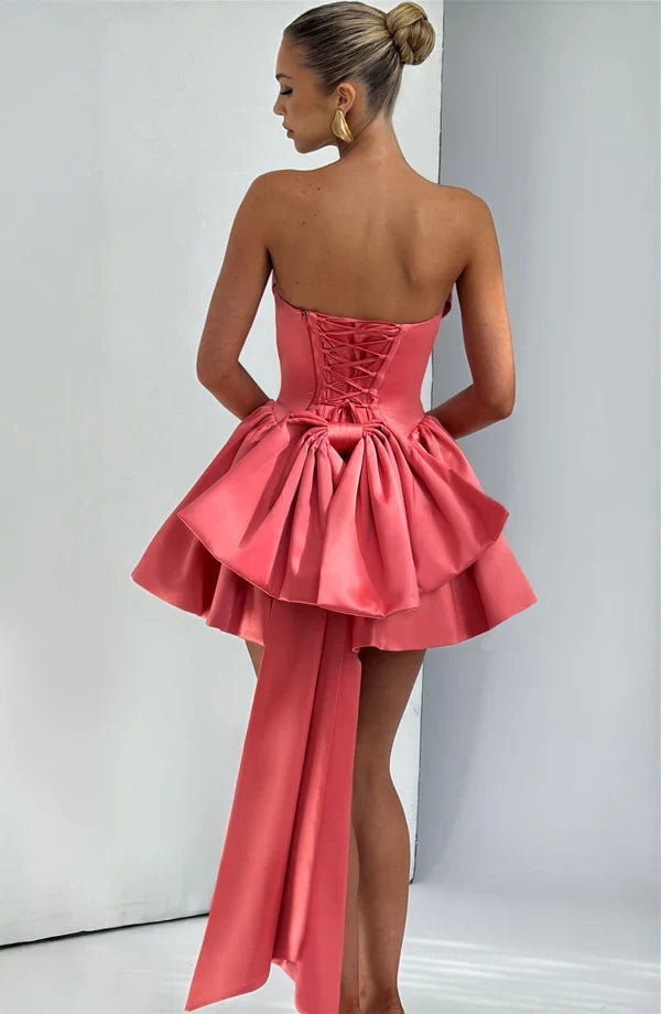 Light pink strapless satin mini dress with draped neckline, flared skirt and oversized back bow - view 18