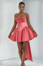 Light pink strapless satin mini dress with draped neckline, flared skirt and oversized back bow - view 19