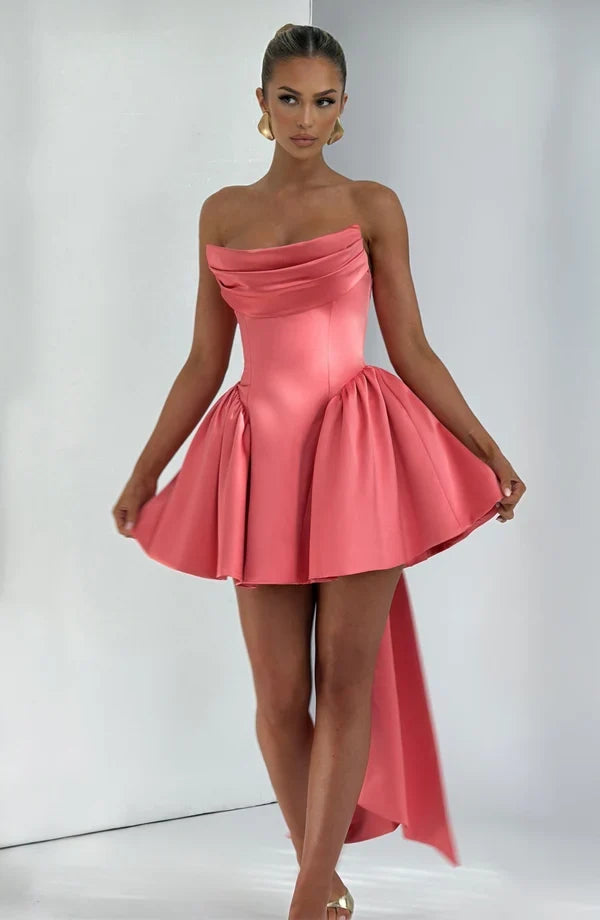 Light pink strapless satin mini dress with draped neckline, flared skirt and oversized back bow - view 19