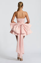 Light pink strapless satin mini dress with draped neckline, flared skirt and oversized back bow - view 2