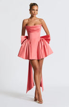 Light pink strapless satin mini dress with draped neckline, flared skirt and oversized back bow - view 20