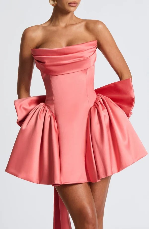 Light pink strapless satin mini dress with draped neckline, flared skirt and oversized back bow - view 21