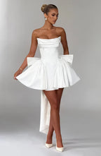 Light pink strapless satin mini dress with draped neckline, flared skirt and oversized back bow - view 24