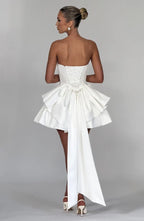 Light pink strapless satin mini dress with draped neckline, flared skirt and oversized back bow - view 25