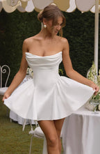 Light pink strapless satin mini dress with draped neckline, flared skirt and oversized back bow - view 26