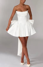 Light pink strapless satin mini dress with draped neckline, flared skirt and oversized back bow - view 28