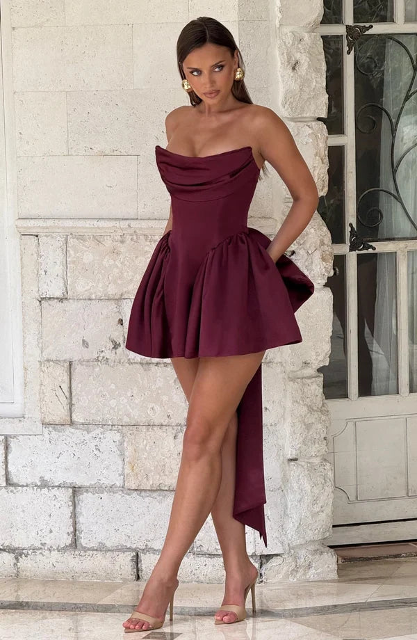 Light pink strapless satin mini dress with draped neckline, flared skirt and oversized back bow - view 30