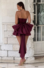Light pink strapless satin mini dress with draped neckline, flared skirt and oversized back bow - view 31