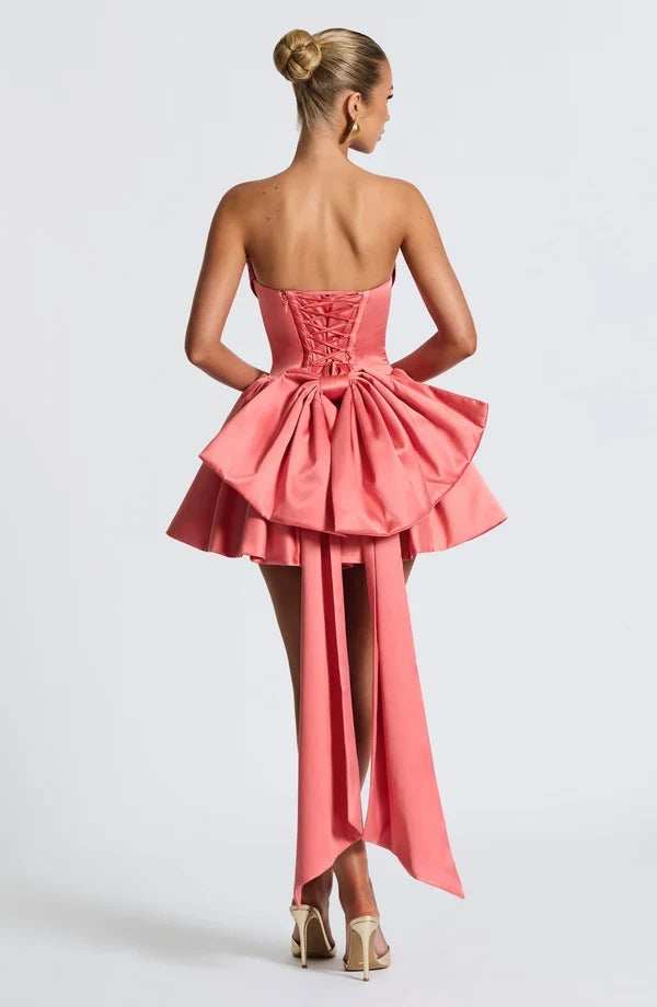 Light pink strapless satin mini dress with draped neckline, flared skirt and oversized back bow - view 32