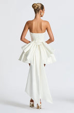Light pink strapless satin mini dress with draped neckline, flared skirt and oversized back bow - view 35