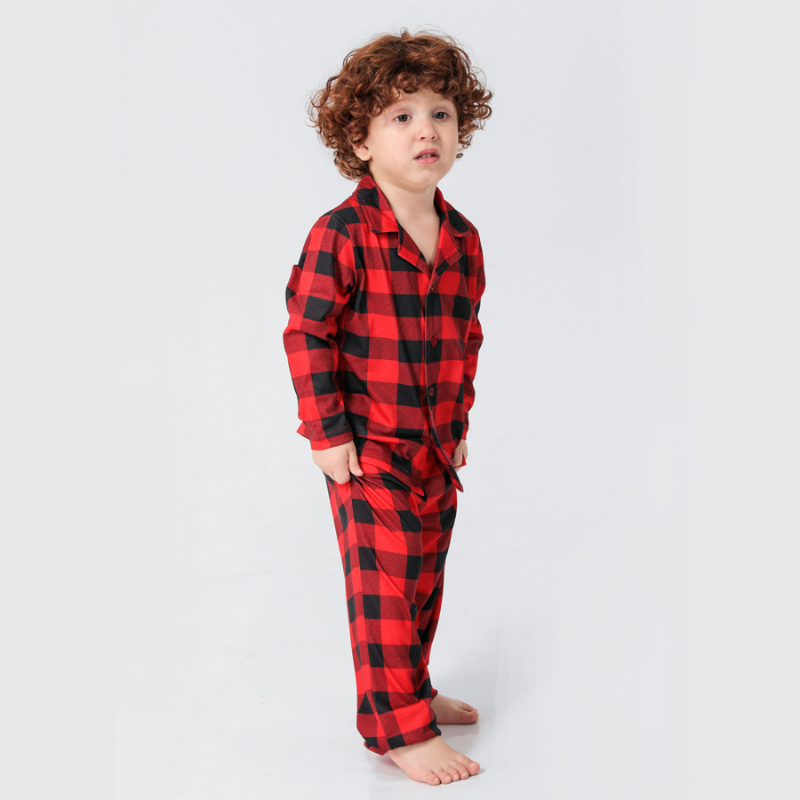Family wearing matching red and black buffalo plaid Christmas pajamas - view 10
