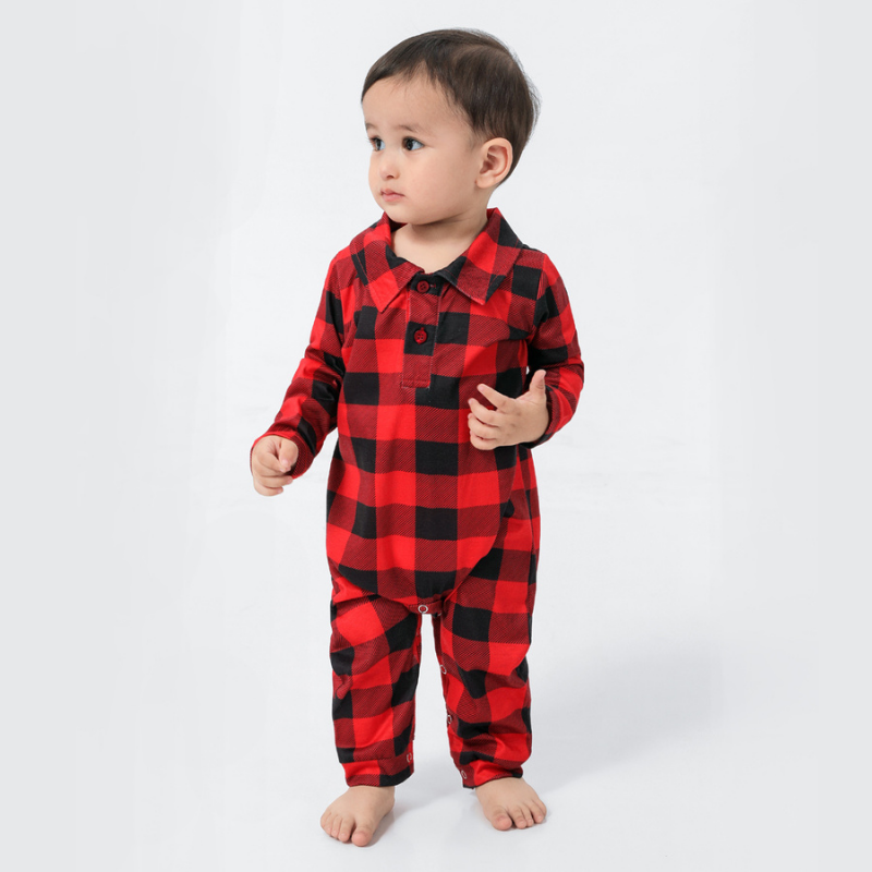 Family wearing matching red and black buffalo plaid Christmas pajamas - view 12