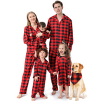 Family wearing matching red and black buffalo plaid Christmas pajamas - view 2