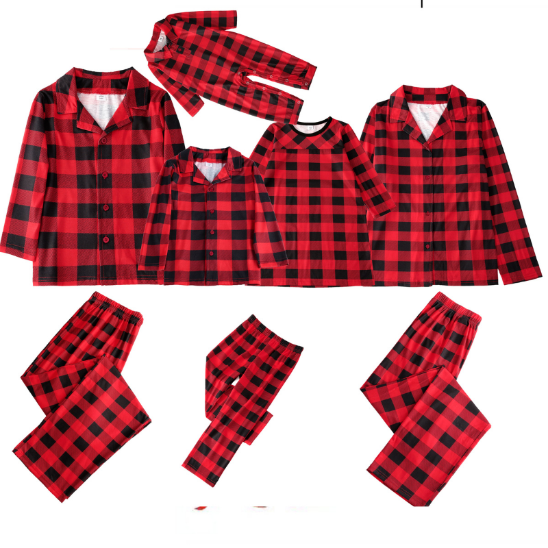 Family wearing matching red and black buffalo plaid Christmas pajamas - view 3