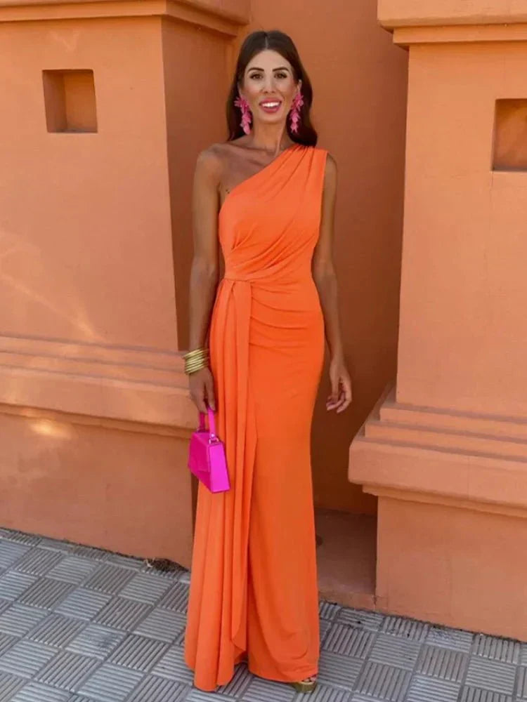 Giselle one shoulder draped maxi wedding guest dress with side knot