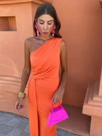 Giselle one shoulder draped maxi wedding guest dress with side knot - view 3