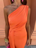 Giselle one shoulder draped maxi wedding guest dress with side knot - view 4