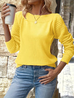 Women's knit pullover sweater with openwork sleeves and ribbed boat neckline - view 3