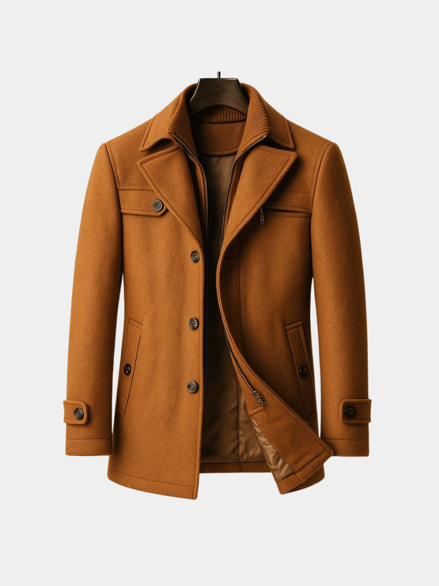 Men's winter coat with built-in zip insert, ribbed collar and button front