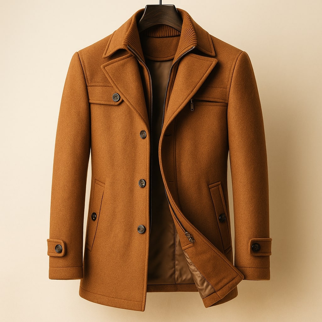 Men's winter coat with built-in zip insert, ribbed collar and button front - view 2