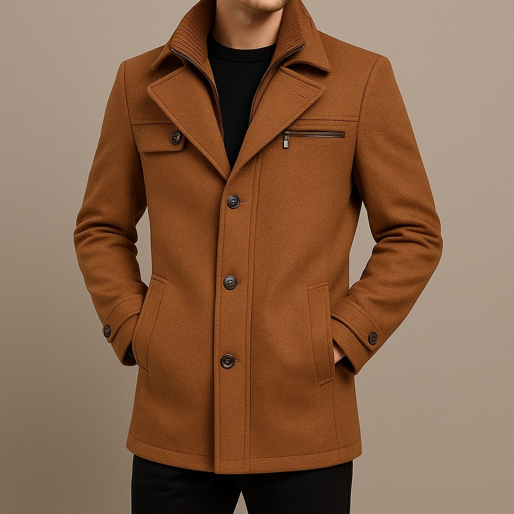 Men's winter coat with built-in zip insert, ribbed collar and button front - view 7