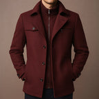 Men's winter coat with built-in zip insert, ribbed collar and button front - view 8
