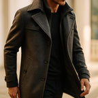 Men's winter coat with built-in zip insert, ribbed collar and button front - view 9