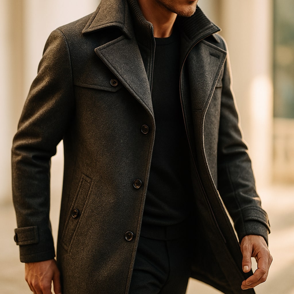 Men's winter coat with built-in zip insert, ribbed collar and button front - view 9