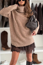 Oversized turtleneck sweater dress with lace trim hem - view 11