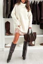 Oversized turtleneck sweater dress with lace trim hem - view 8