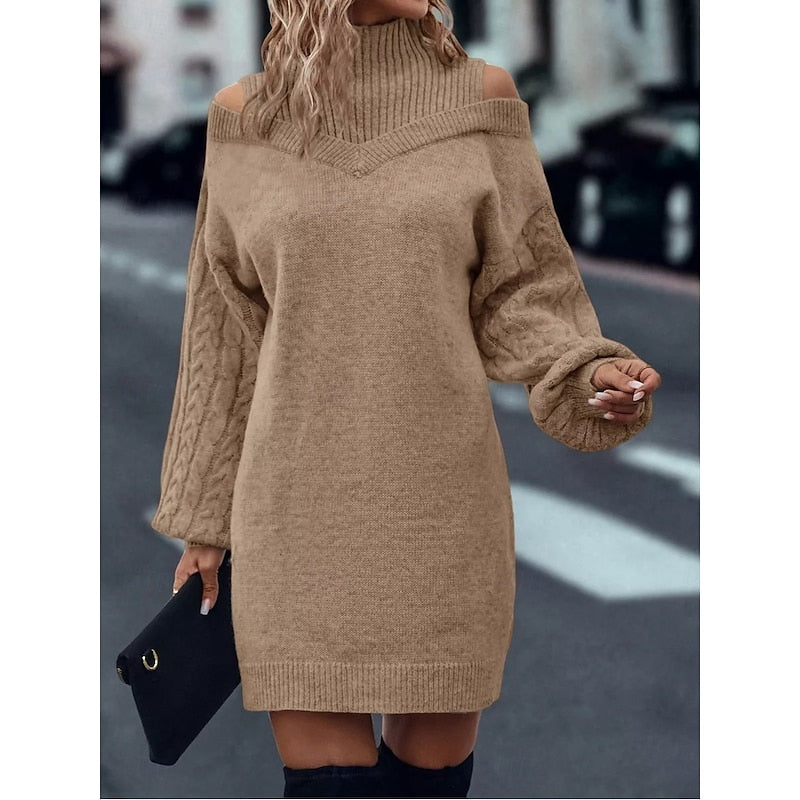 Cable knit cold-shoulder turtleneck sweater dress with balloon sleeves