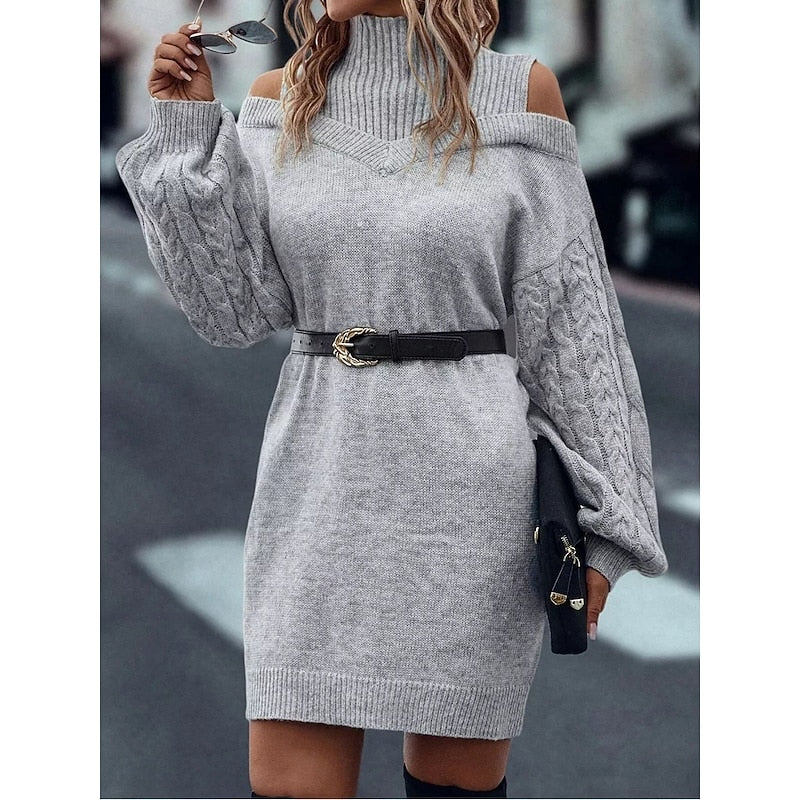 Cable knit cold-shoulder turtleneck sweater dress with balloon sleeves - view 10