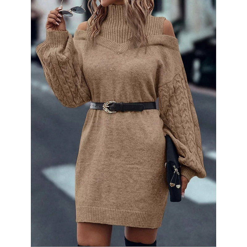 Cable knit cold-shoulder turtleneck sweater dress with balloon sleeves - view 2