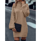 Cable knit cold-shoulder turtleneck sweater dress with balloon sleeves - view 4