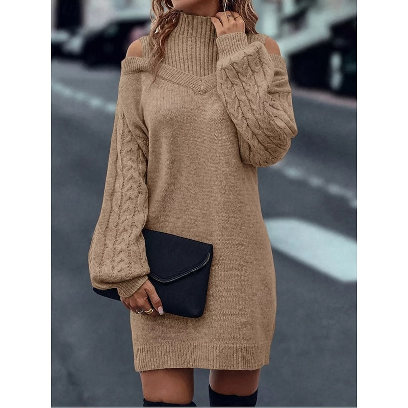 Cable knit cold-shoulder turtleneck sweater dress with balloon sleeves - view 4