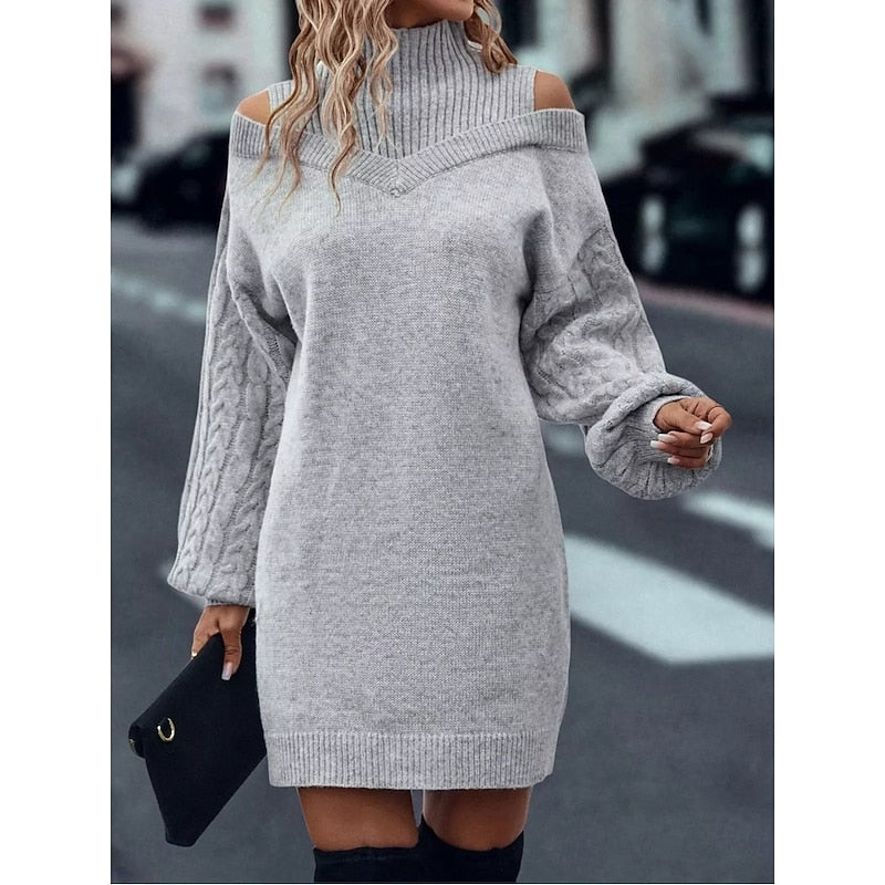 Cable knit cold-shoulder turtleneck sweater dress with balloon sleeves - view 9