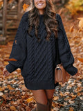 Black chunky cable knit mini sweater dress with balloon sleeves and crew neck