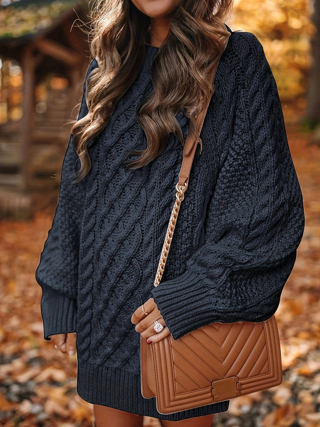 Black chunky cable knit mini sweater dress with balloon sleeves and crew neck - view 3