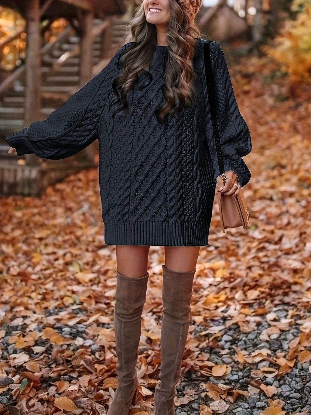Black chunky cable knit mini sweater dress with balloon sleeves and crew neck - view 4